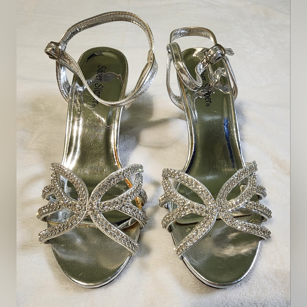 Silver‎ Rhinestone Beaded Strappy Heels by Silver Slipper, EUC, Size 7
